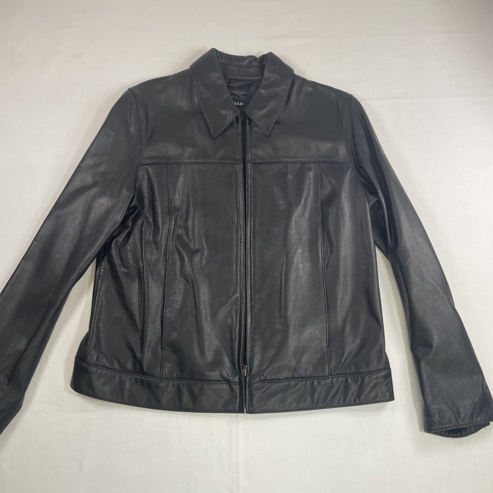 Gap black leather jacket Moto bomber NWOT L Retro